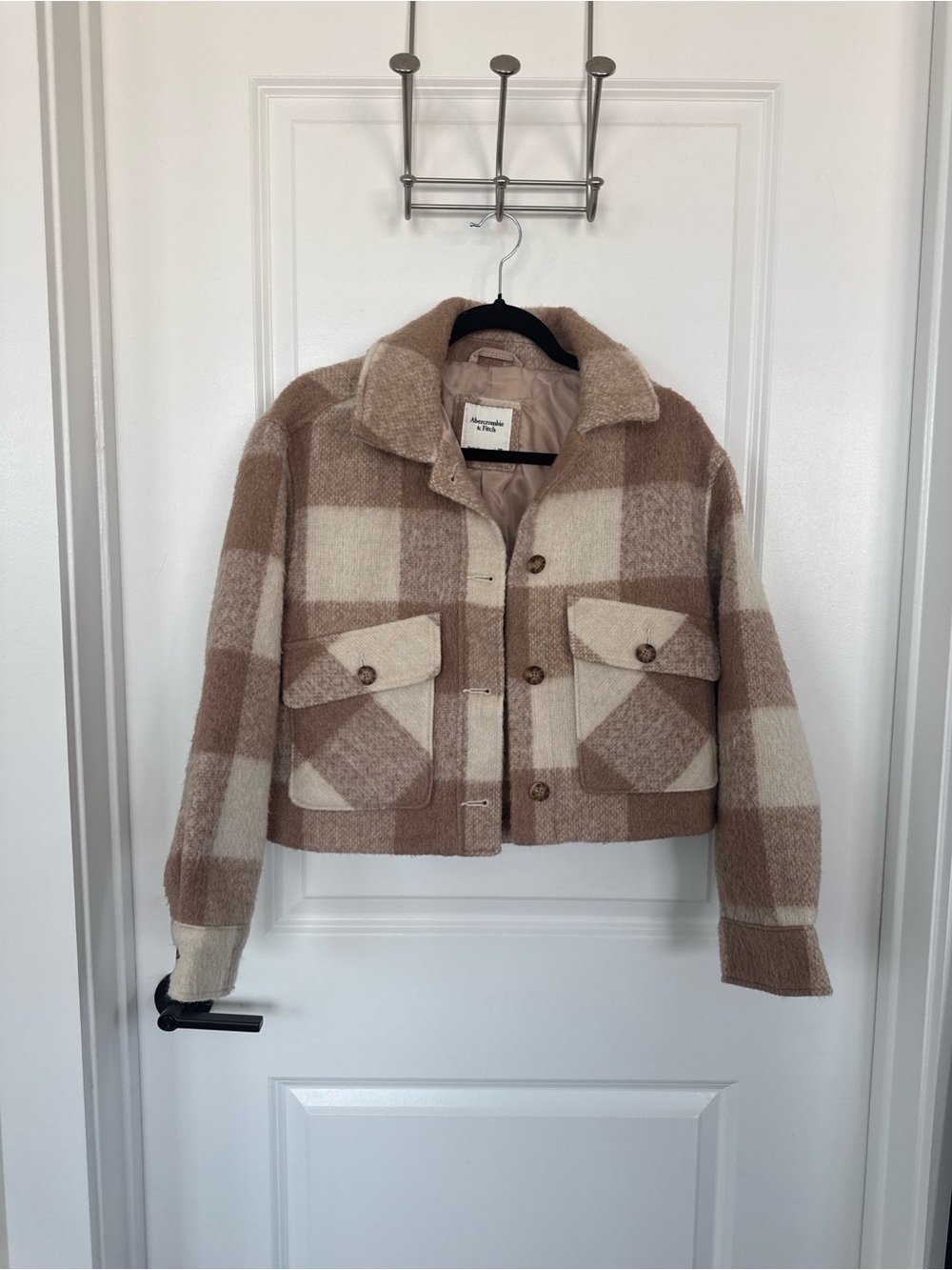 Abercrombie & Fitch Cream and Beige Plaid Teddy Jacket